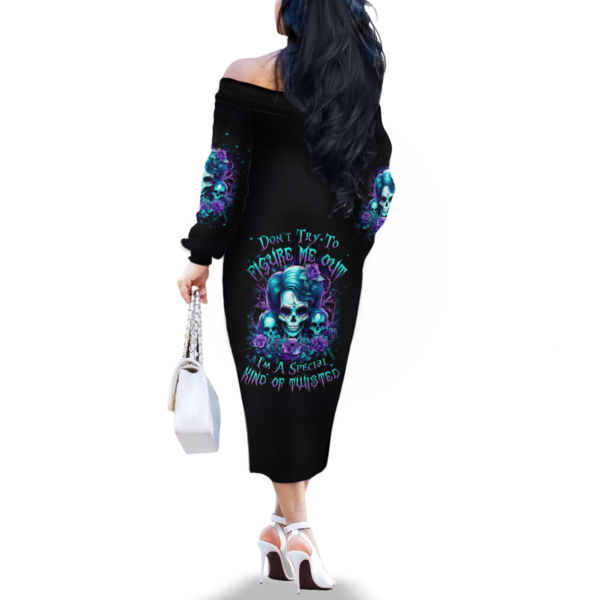 Flower Lady Skull Family Matching Off Shoulder Long Sleeve Dress and Hawaiian Shirt Don't Try To Figure Me Out - Wonder Print Shop