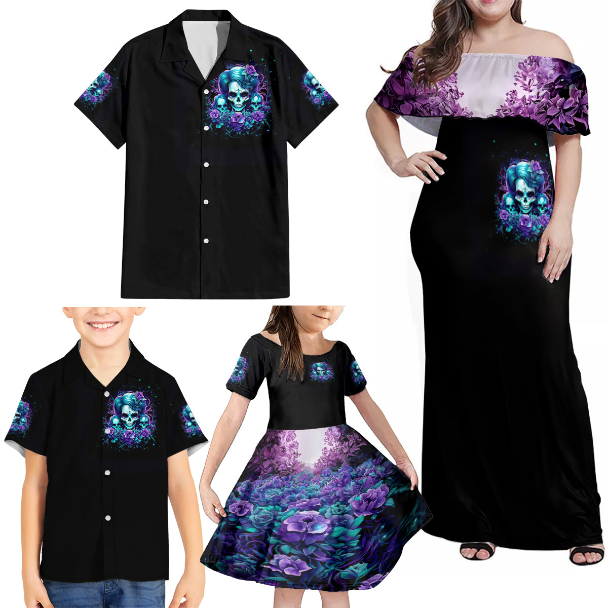 Flower Lady Skull Family Matching Off Shoulder Maxi Dress and Hawaiian Shirt Don't Try To Figure Me Out - Wonder Print Shop