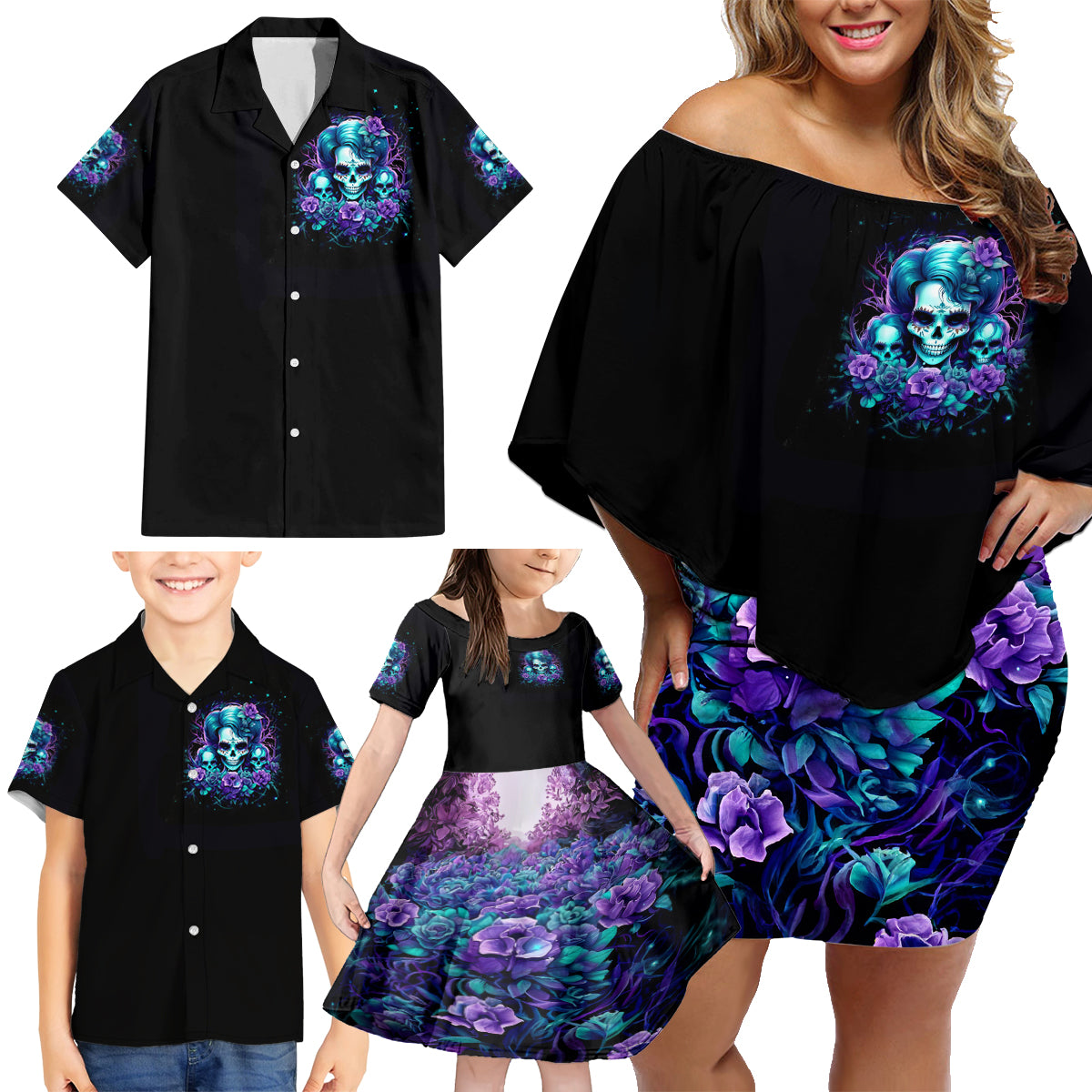 Flower Lady Skull Family Matching Off Shoulder Short Dress and Hawaiian Shirt Don't Try To Figure Me Out - Wonder Print Shop
