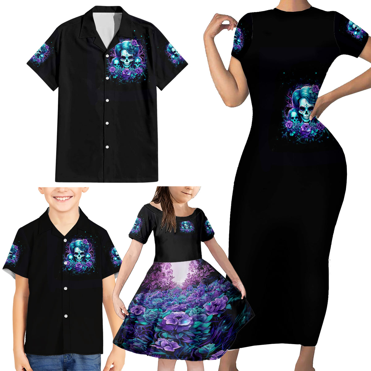 Flower Lady Skull Family Matching Short Sleeve Bodycon Dress and Hawaiian Shirt Don't Try To Figure Me Out - Wonder Print Shop