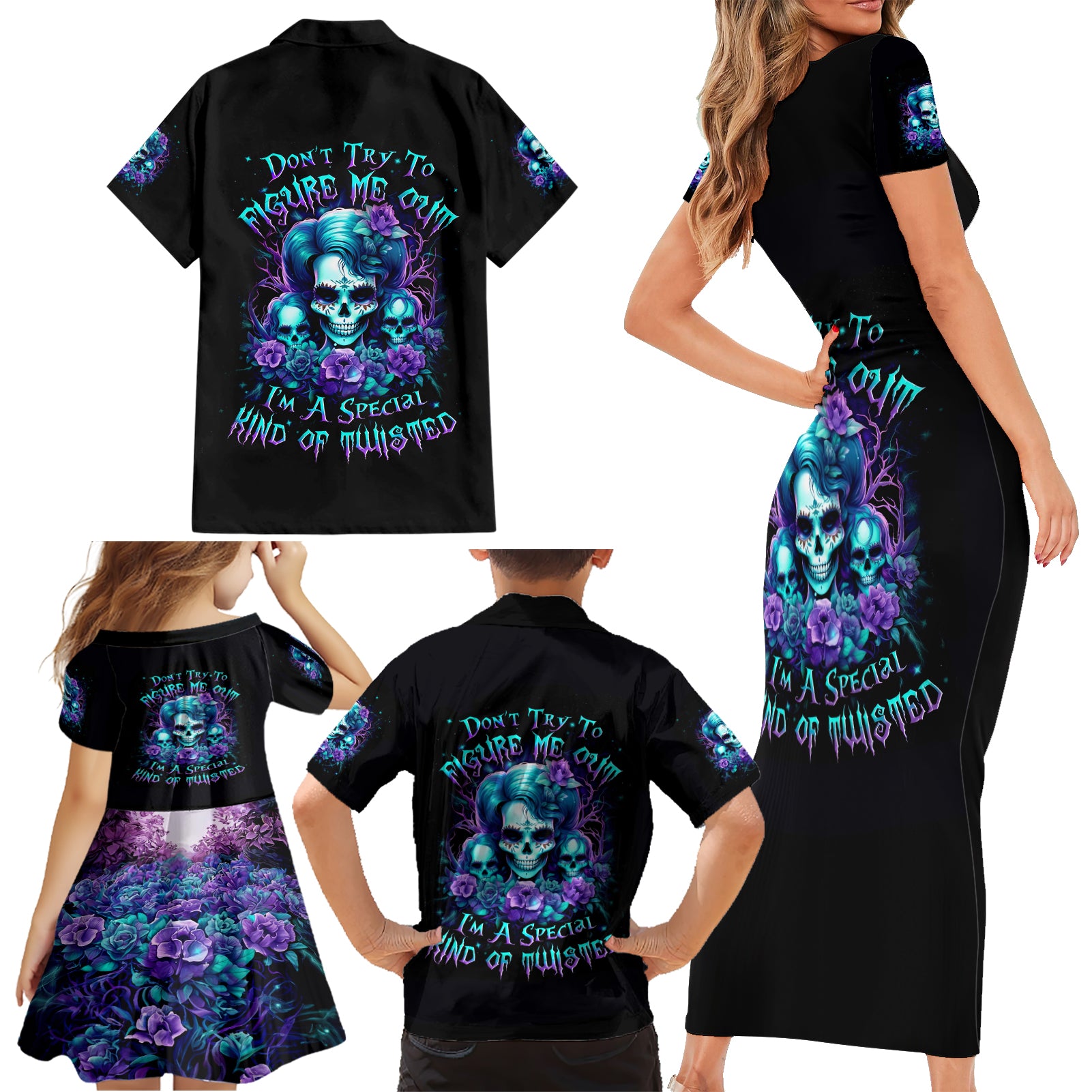 Flower Lady Skull Family Matching Short Sleeve Bodycon Dress and Hawaiian Shirt Don't Try To Figure Me Out - Wonder Print Shop