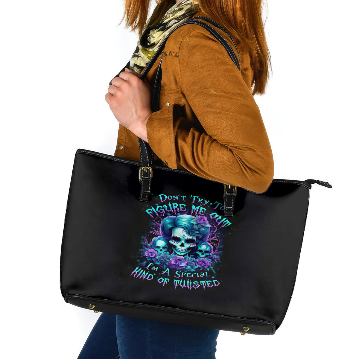 Flower Lady Skull Leather Tote Bag Don't Try To Figure Me Out - Wonder Print Shop