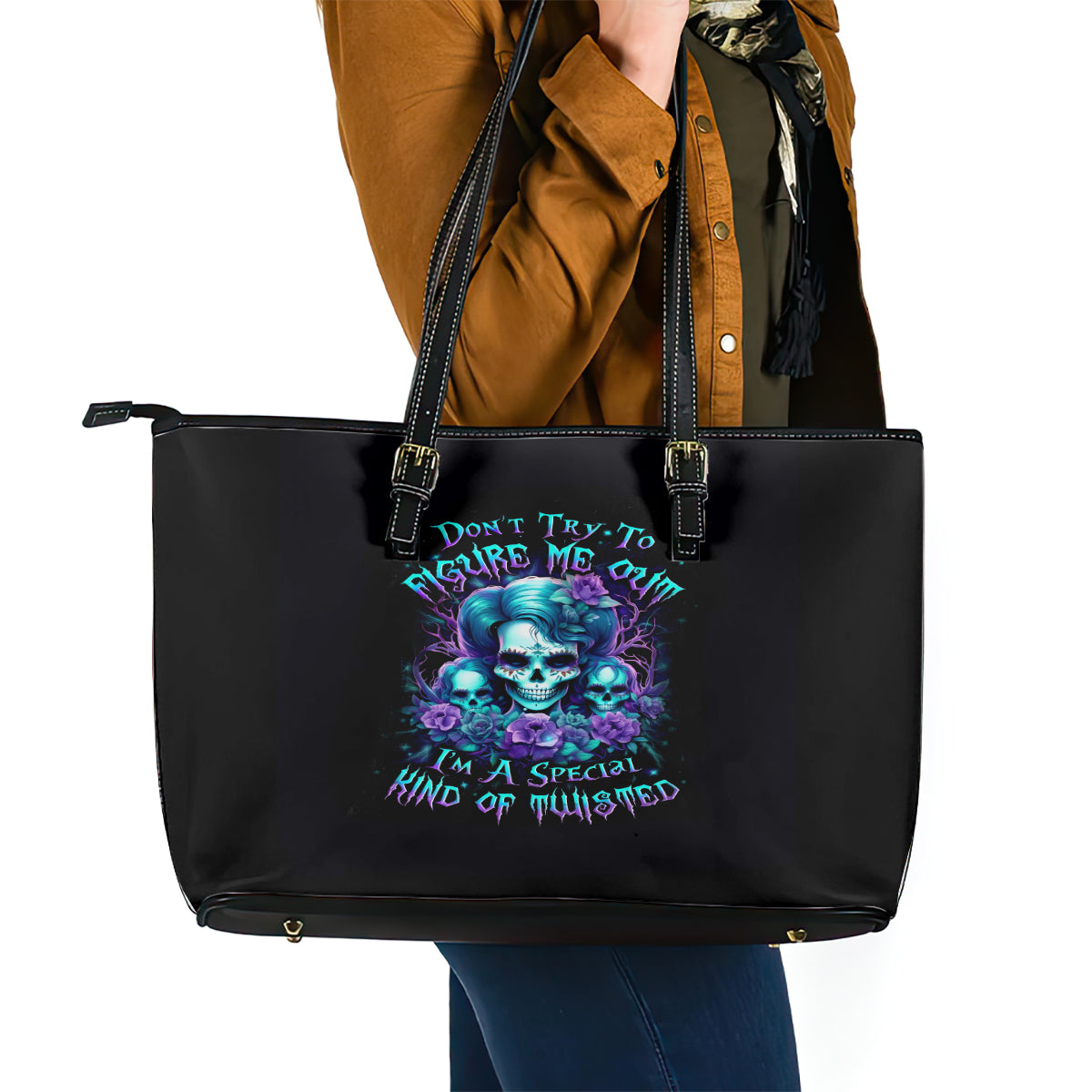 Flower Lady Skull Leather Tote Bag Don't Try To Figure Me Out - Wonder Print Shop