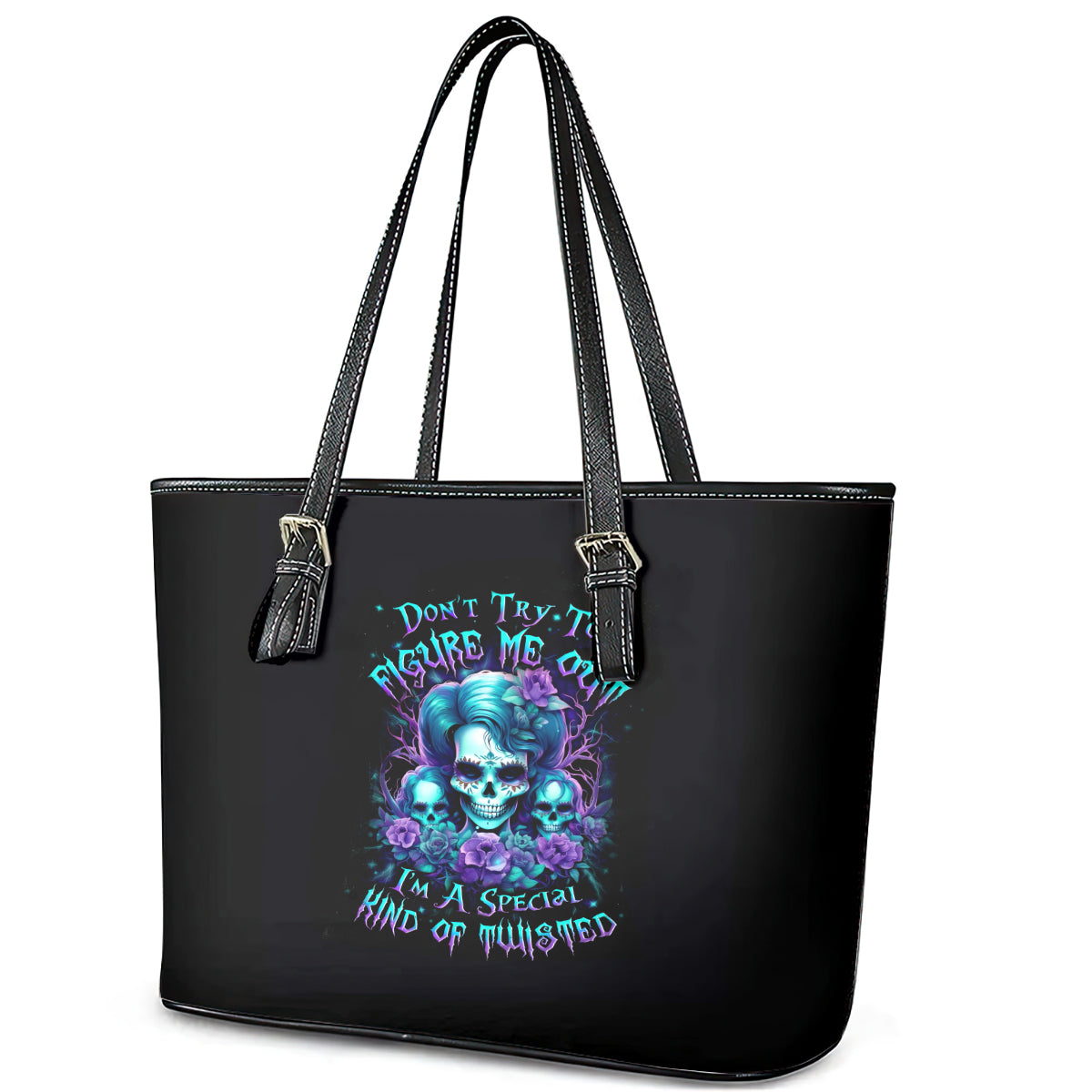 Flower Lady Skull Leather Tote Bag Don't Try To Figure Me Out - Wonder Print Shop