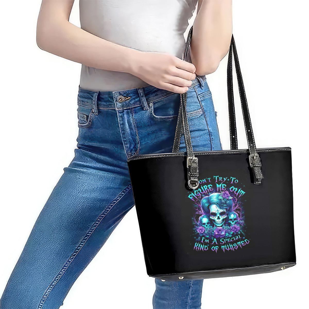 Flower Lady Skull Leather Tote Bag Don't Try To Figure Me Out - Wonder Print Shop