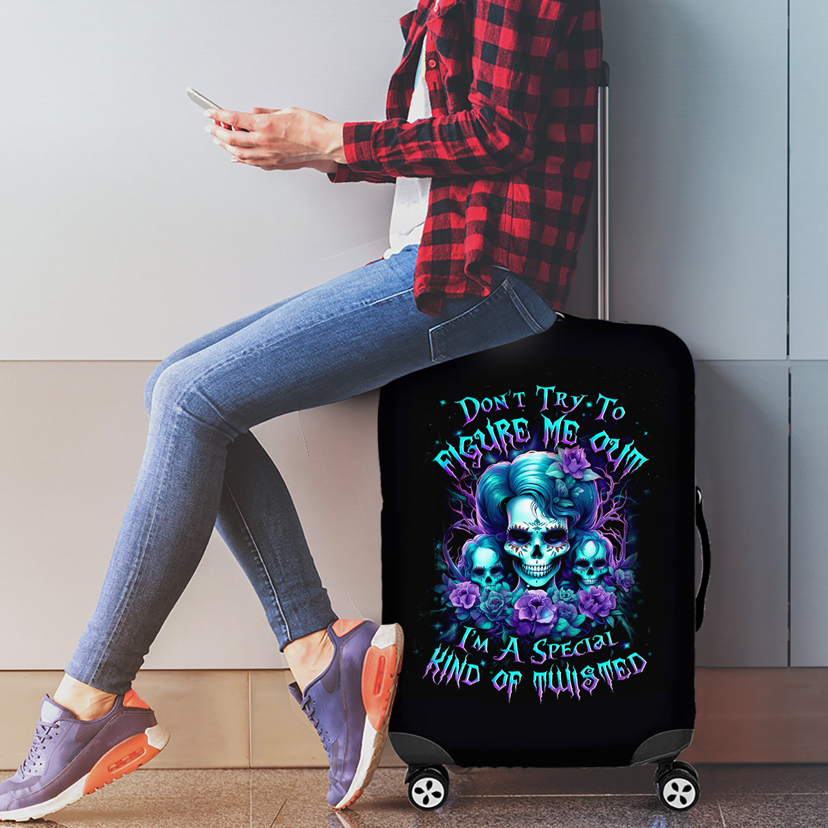 Flower Lady Skull Luggage Cover Don't Try To Figure Me Out - Wonder Print Shop