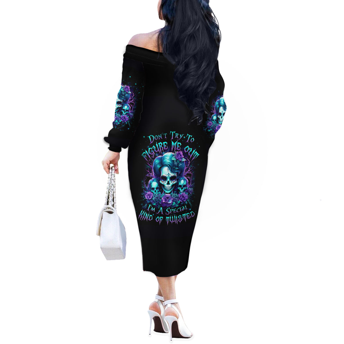 Flower Lady Skull Off The Shoulder Long Sleeve Dress Don't Try To Figure Me Out - Wonder Print Shop