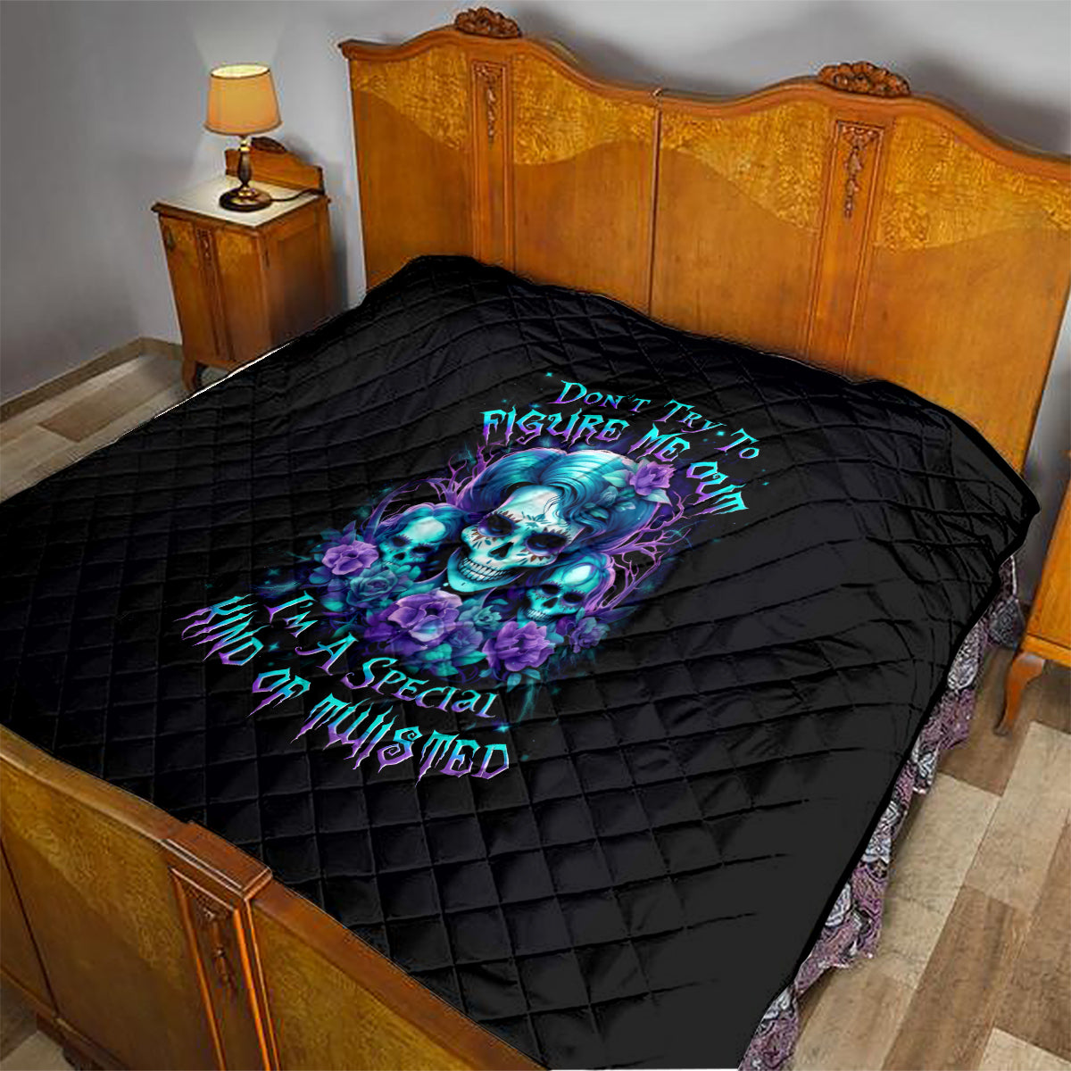 Flower Lady Skull Quilt Don't Try To Figure Me Out - Wonder Print Shop