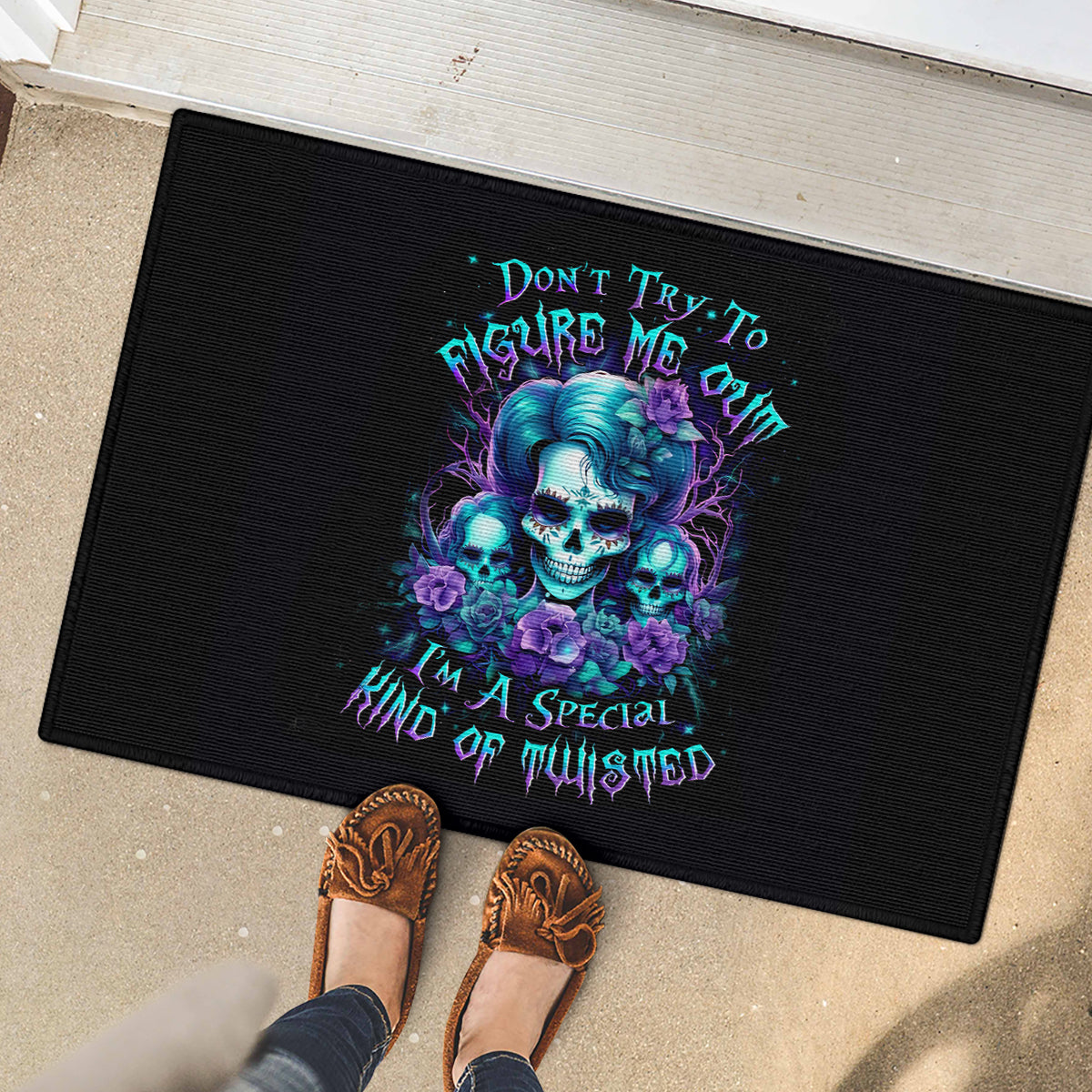 Flower Lady Skull Rubber Doormat Don't Try To Figure Me Out - Wonder Print Shop