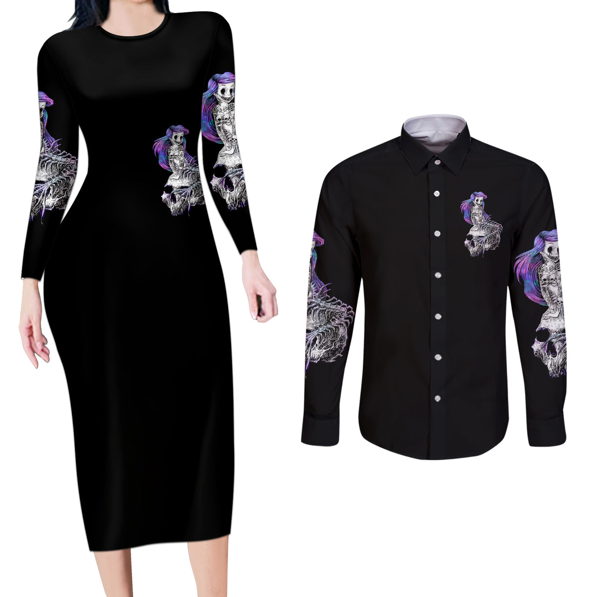 Mermaid Skull Couples Matching Long Sleeve Bodycon Dress and Long Sleeve Button Shirt The Little Mermaid - Wonder Print Shop
