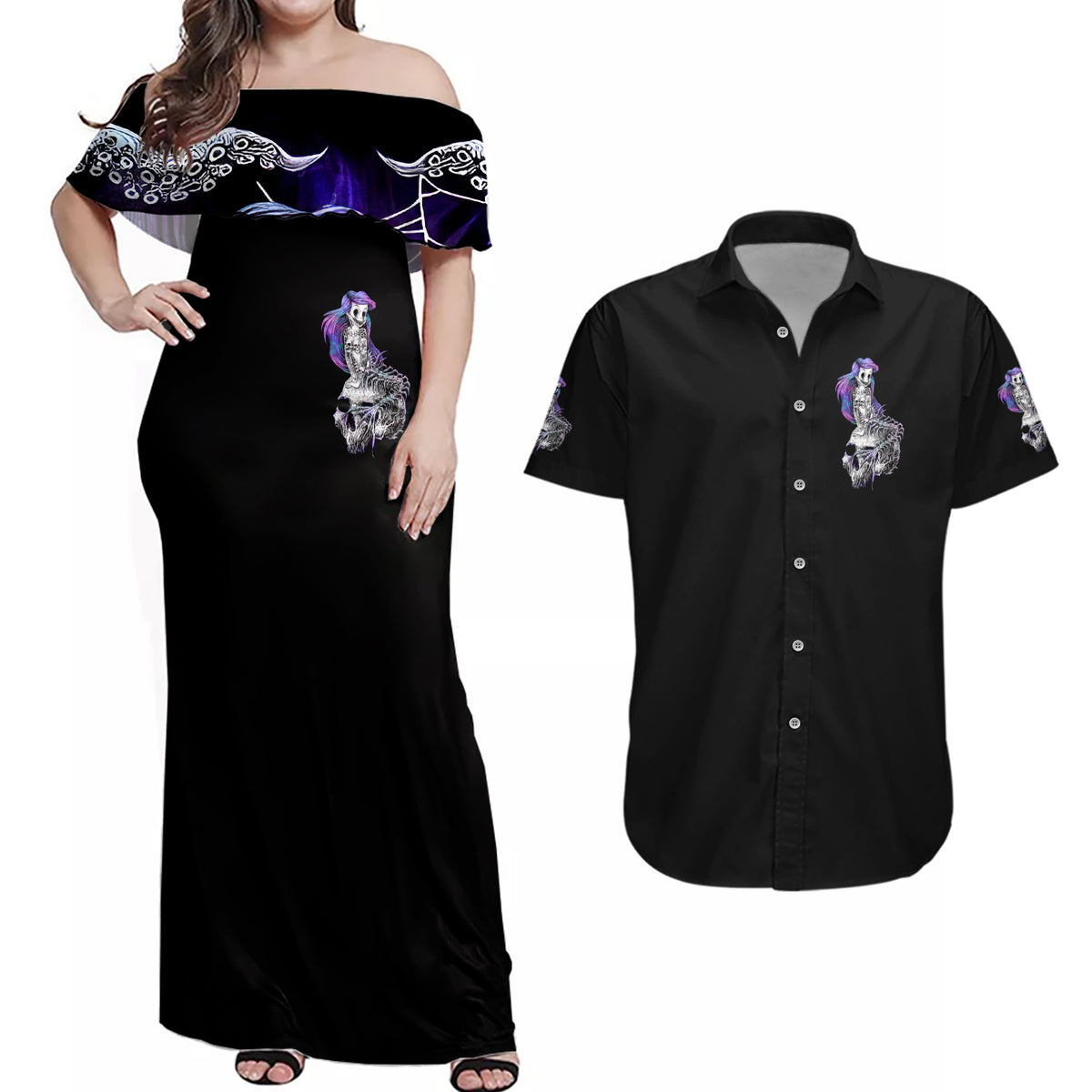 Mermaid Skull Couples Matching Off Shoulder Maxi Dress and Hawaiian Shirt The Little Mermaid - Wonder Print Shop