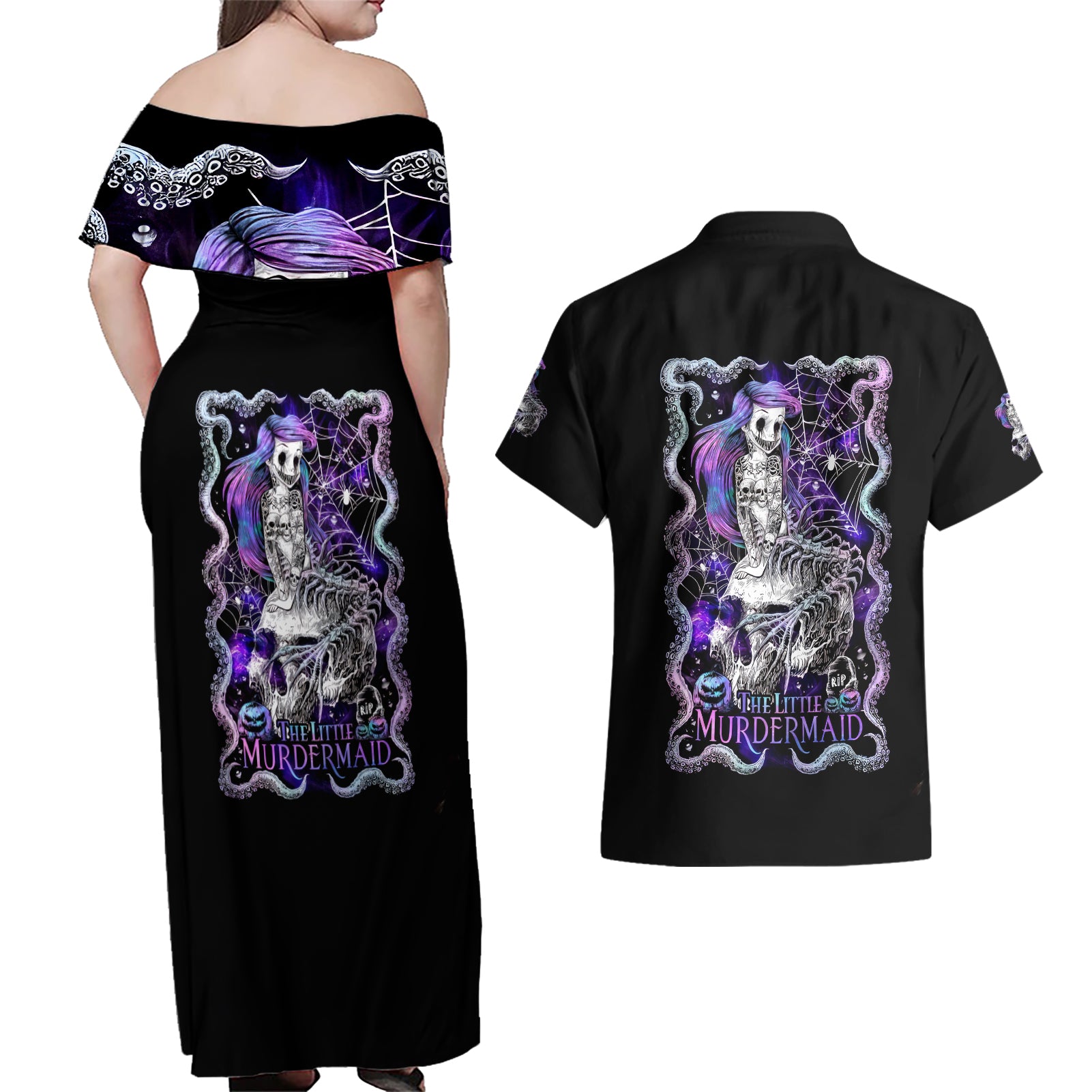 Mermaid Skull Couples Matching Off Shoulder Maxi Dress and Hawaiian Shirt The Little Mermaid - Wonder Print Shop
