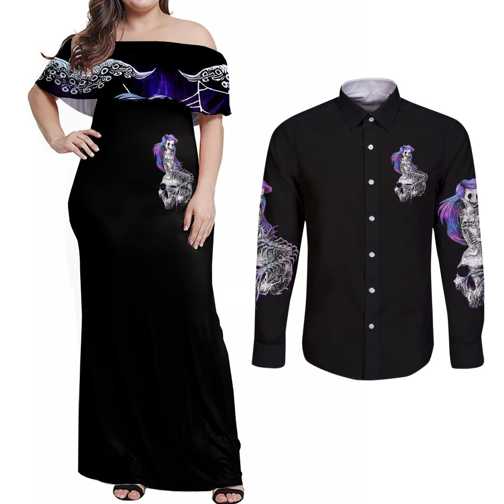 Mermaid Skull Couples Matching Off Shoulder Maxi Dress and Long Sleeve Button Shirt The Little Mermaid - Wonder Print Shop