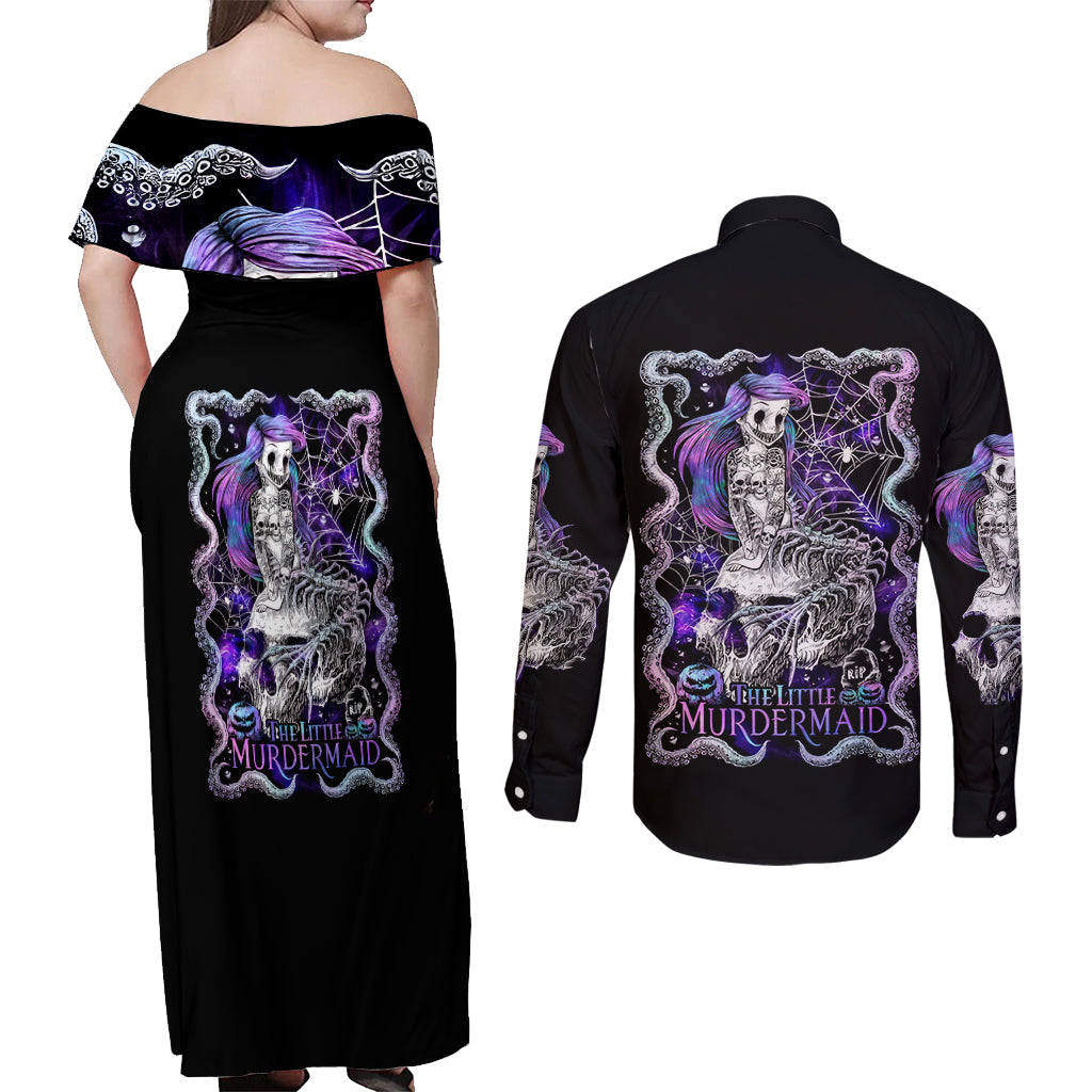 Mermaid Skull Couples Matching Off Shoulder Maxi Dress and Long Sleeve Button Shirt The Little Mermaid - Wonder Print Shop
