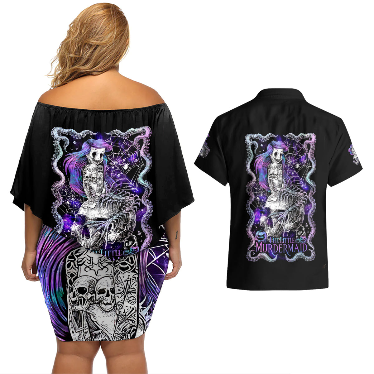 Mermaid Skull Couples Matching Off Shoulder Short Dress and Hawaiian Shirt The Little Mermaid - Wonder Print Shop