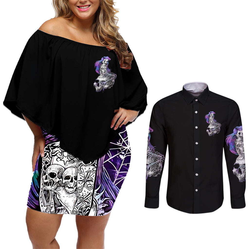 Mermaid Skull Couples Matching Off Shoulder Short Dress and Long Sleeve Button Shirt The Little Mermaid - Wonder Print Shop