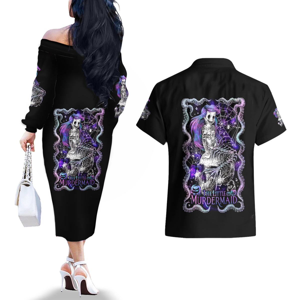 Mermaid Skull Couples Matching Off The Shoulder Long Sleeve Dress and Hawaiian Shirt The Little Mermaid - Wonder Print Shop