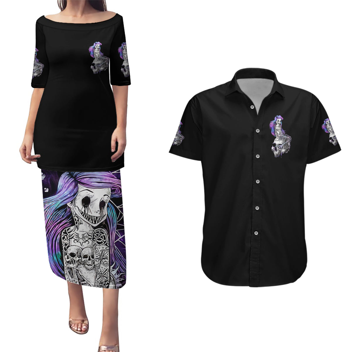 Mermaid Skull Couples Matching Puletasi Dress and Hawaiian Shirt The Little Mermaid - Wonder Print Shop