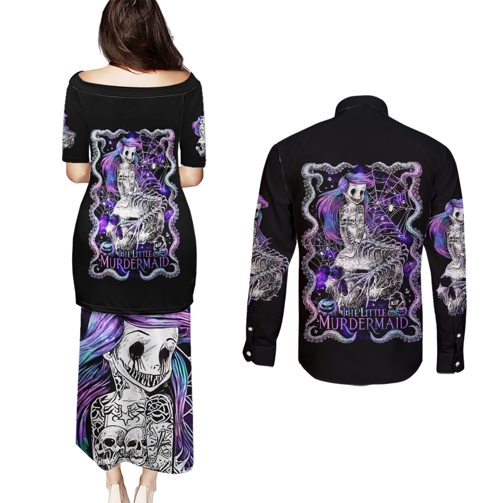 Mermaid Skull Couples Matching Puletasi Dress and Long Sleeve Button Shirt The Little Mermaid - Wonder Print Shop