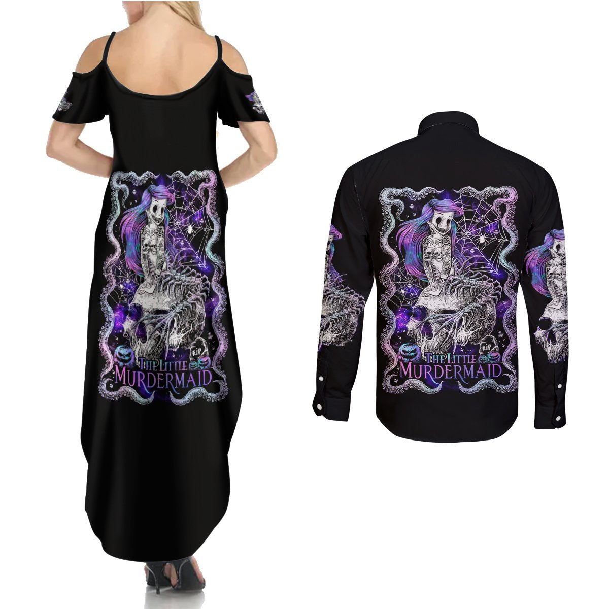 Mermaid Skull Couples Matching Summer Maxi Dress and Long Sleeve Button Shirt The Little Mermaid - Wonder Print Shop