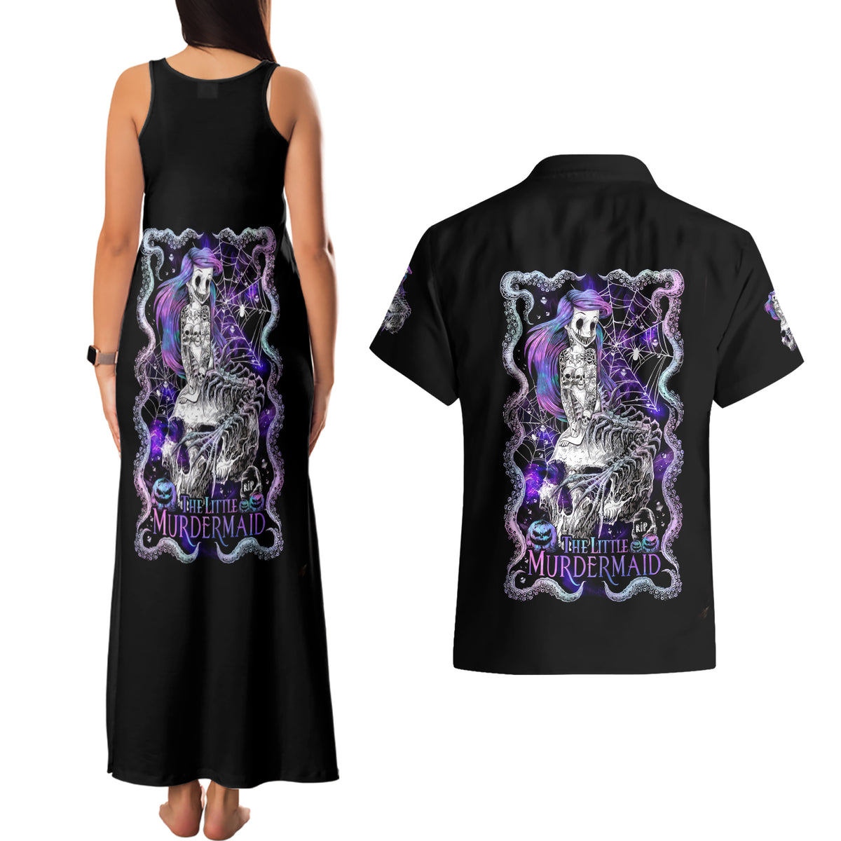 Mermaid Skull Couples Matching Tank Maxi Dress and Hawaiian Shirt The Little Mermaid - Wonder Print Shop