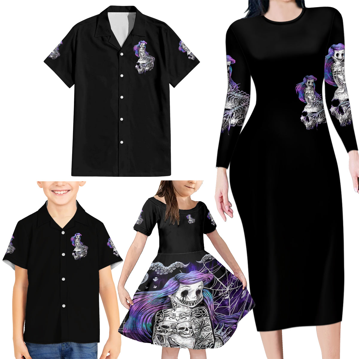 Mermaid Skull Family Matching Long Sleeve Bodycon Dress and Hawaiian Shirt The Little Mermaid - Wonder Print Shop