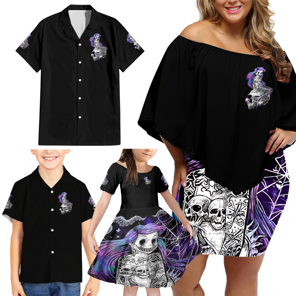 Mermaid Skull Family Matching Off Shoulder Short Dress and Hawaiian Shirt The Little Mermaid - Wonder Print Shop
