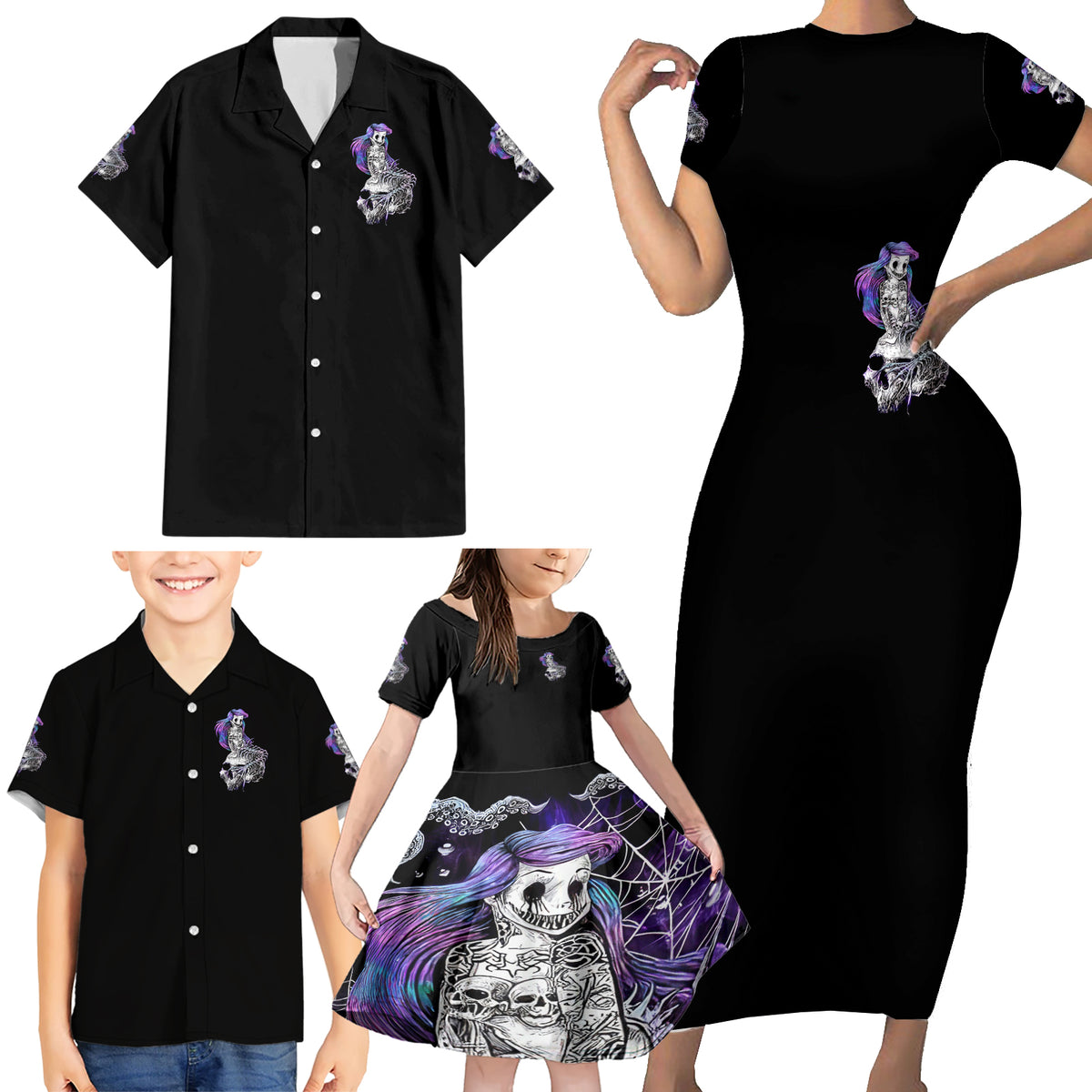 Mermaid Skull Family Matching Short Sleeve Bodycon Dress and Hawaiian Shirt The Little Mermaid - Wonder Print Shop