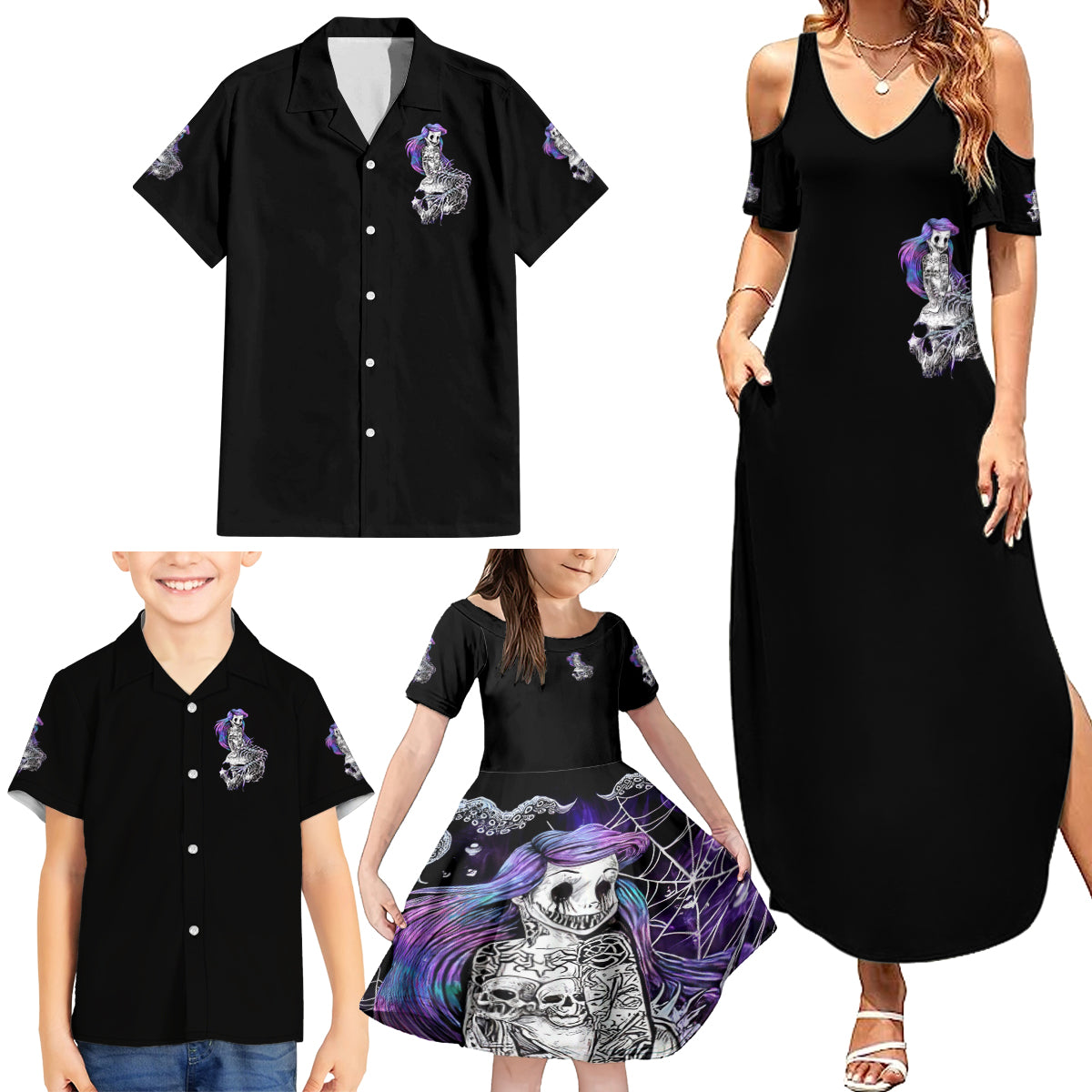 Mermaid Skull Family Matching Summer Maxi Dress and Hawaiian Shirt The Little Mermaid - Wonder Print Shop
