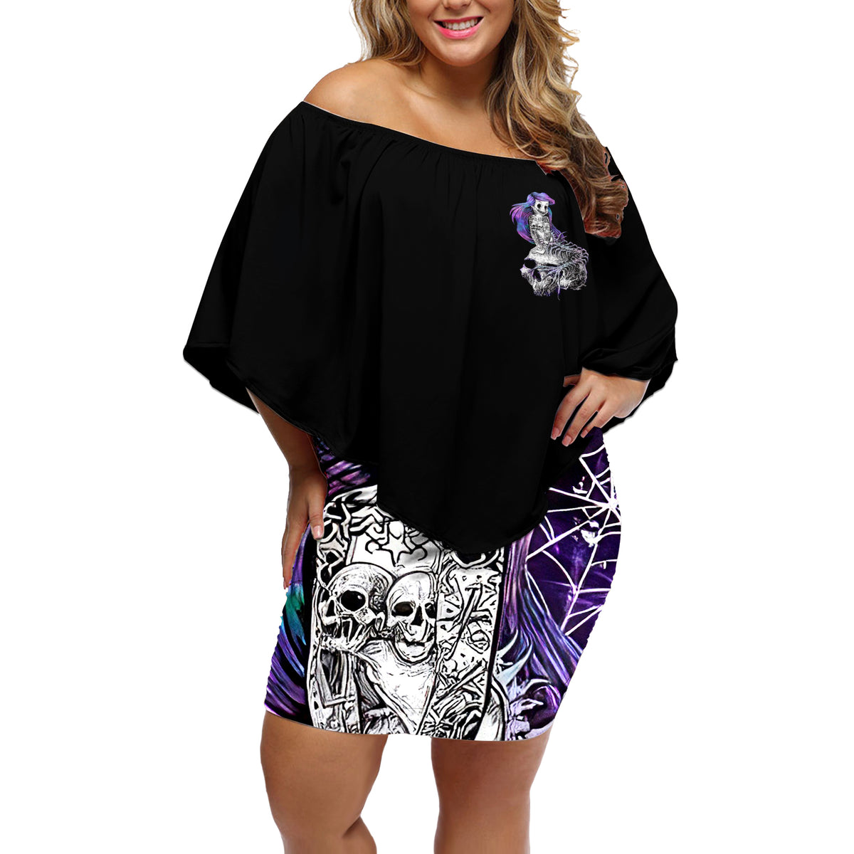 Mermaid Skull Off Shoulder Short Dress The Little Mermaid - Wonder Print Shop