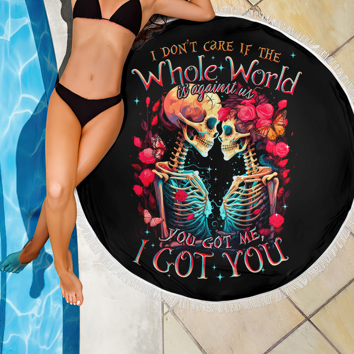 Couple Skull Beach Blanket I Don't Care If The Whole World Is Against Us - Wonder Print Shop