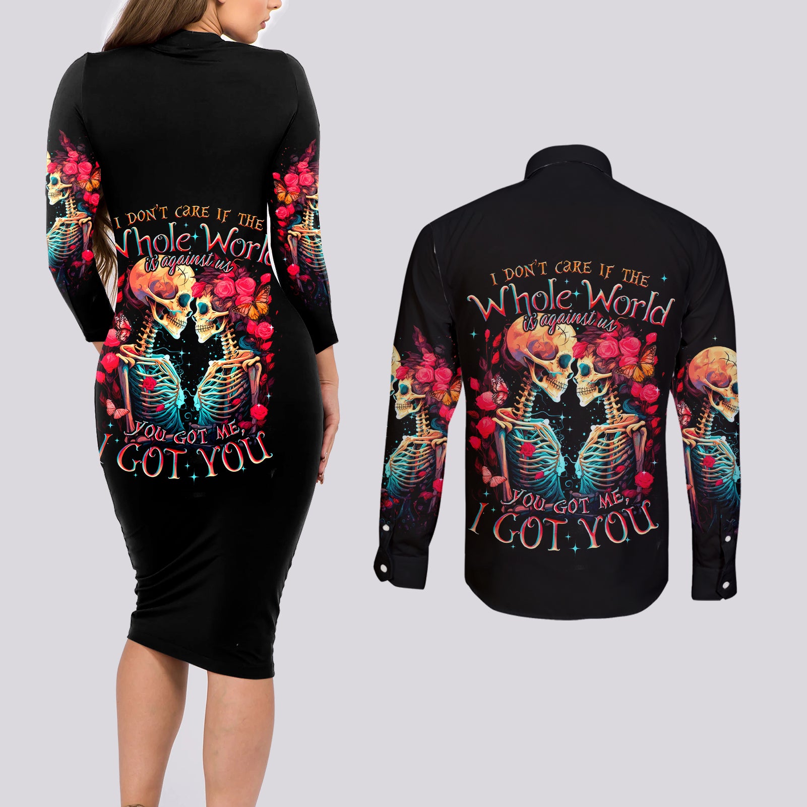 Couple Skull Couples Matching Long Sleeve Bodycon Dress and Long Sleeve Button Shirt I Don't Care If The Whole World Is Against Us - Wonder Print Shop