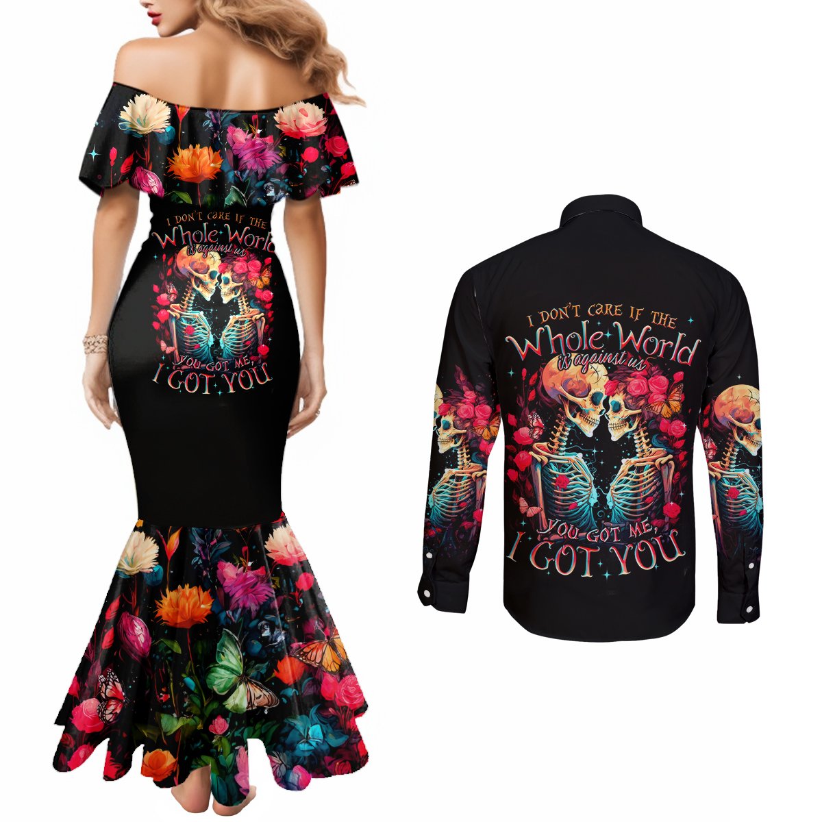 Couple Skull Couples Matching Mermaid Dress and Long Sleeve Button Shirt I Don't Care If The Whole World Is Against Us DT01