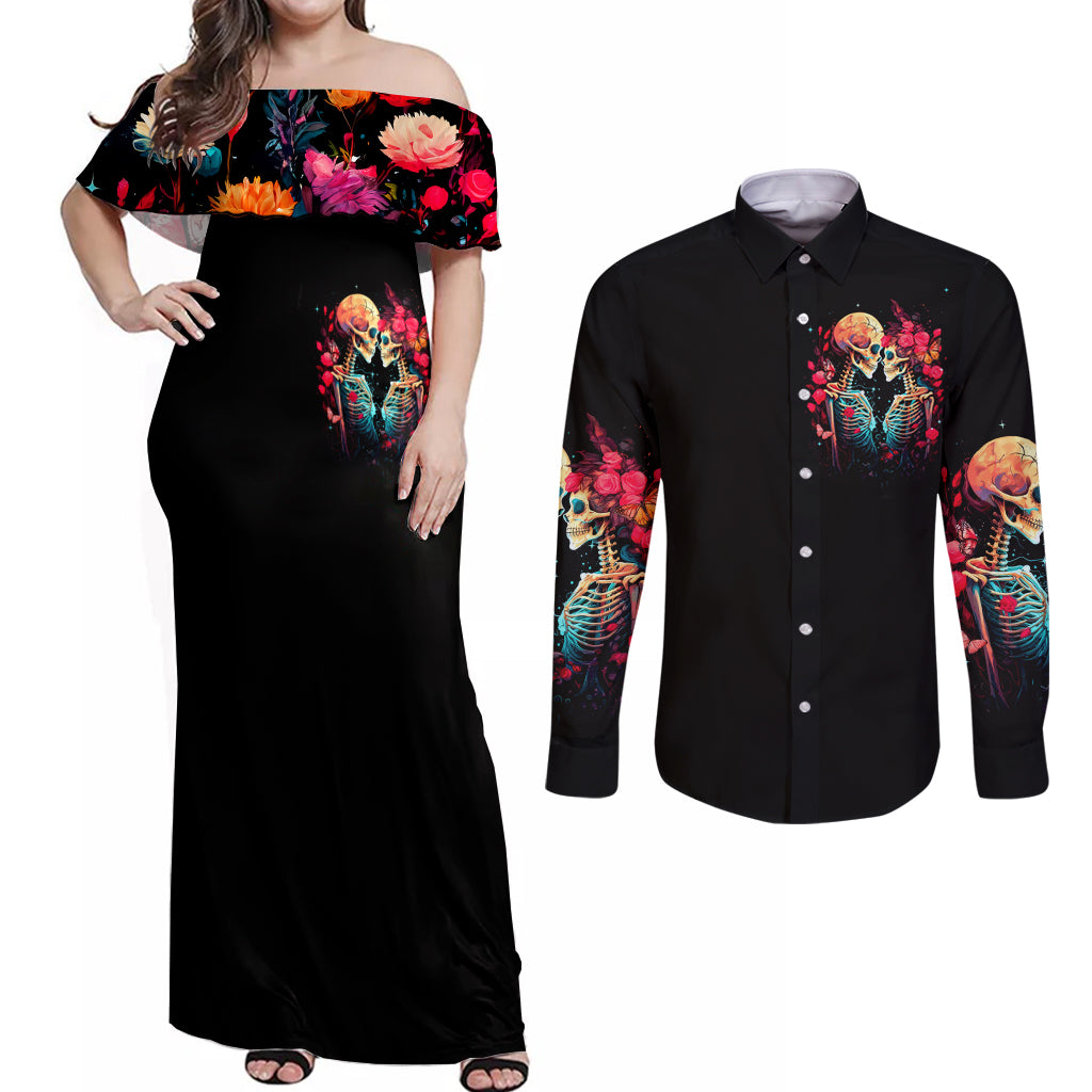 Couple Skull Couples Matching Off Shoulder Maxi Dress and Long Sleeve Button Shirt I Don't Care If The Whole World Is Against Us - Wonder Print Shop