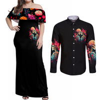 Couple Skull Couples Matching Off Shoulder Maxi Dress and Long Sleeve Button Shirt I Don't Care If The Whole World Is Against Us - Wonder Print Shop