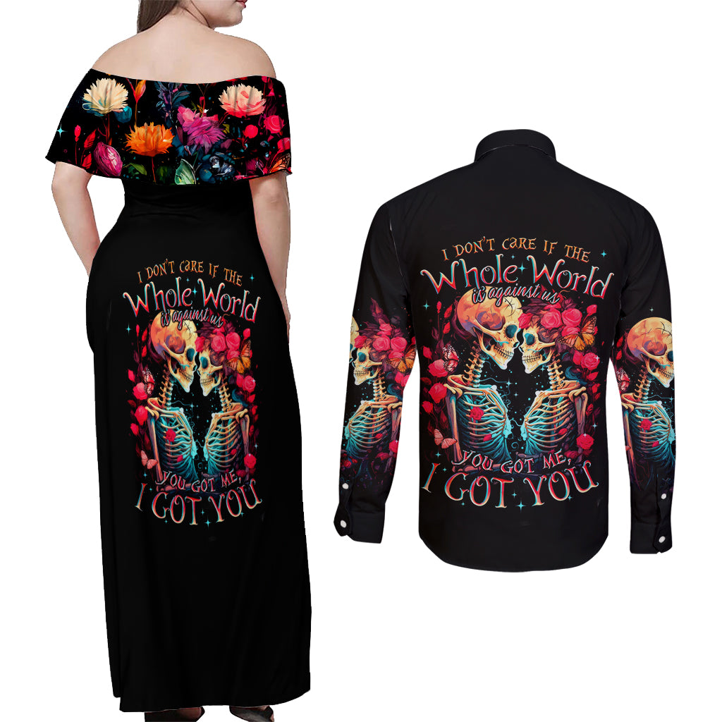 Couple Skull Couples Matching Off Shoulder Maxi Dress and Long Sleeve Button Shirt I Don't Care If The Whole World Is Against Us - Wonder Print Shop