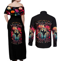 Couple Skull Couples Matching Off Shoulder Maxi Dress and Long Sleeve Button Shirt I Don't Care If The Whole World Is Against Us - Wonder Print Shop