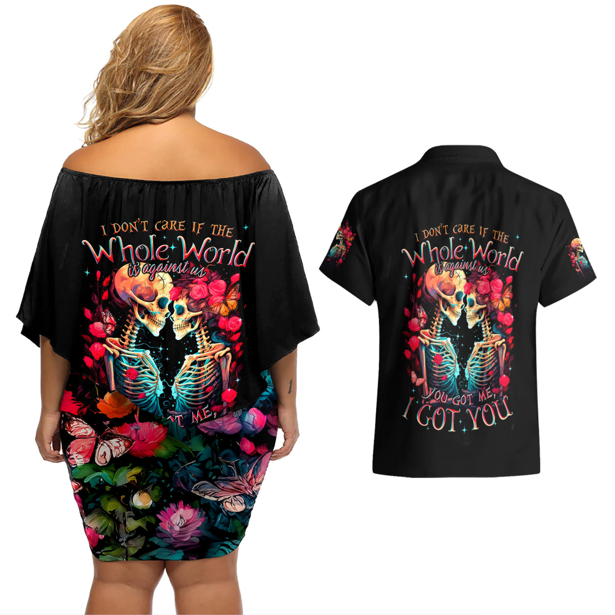 Couple Skull Couples Matching Off Shoulder Short Dress and Hawaiian Shirt I Don't Care If The Whole World Is Against Us - Wonder Print Shop