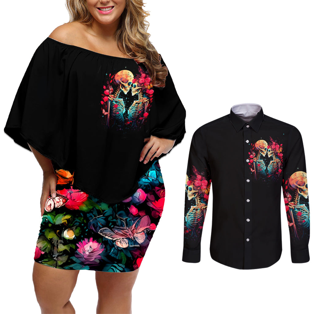 Couple Skull Couples Matching Off Shoulder Short Dress and Long Sleeve Button Shirt I Don't Care If The Whole World Is Against Us - Wonder Print Shop