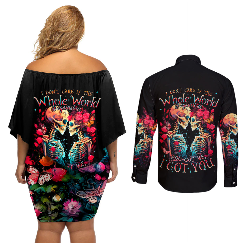 Couple Skull Couples Matching Off Shoulder Short Dress and Long Sleeve Button Shirt I Don't Care If The Whole World Is Against Us - Wonder Print Shop