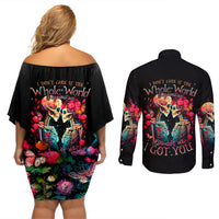 Couple Skull Couples Matching Off Shoulder Short Dress and Long Sleeve Button Shirt I Don't Care If The Whole World Is Against Us - Wonder Print Shop