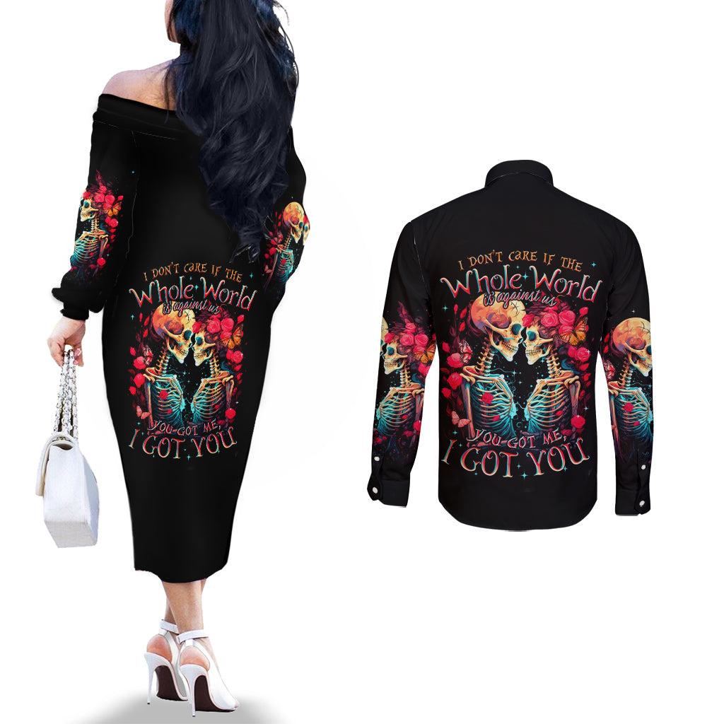 Couple Skull Couples Matching Off The Shoulder Long Sleeve Dress and Long Sleeve Button Shirt I Don't Care If The Whole World Is Against Us DT01