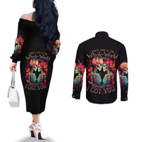 Couple Skull Couples Matching Off The Shoulder Long Sleeve Dress and Long Sleeve Button Shirt I Don't Care If The Whole World Is Against Us DT01