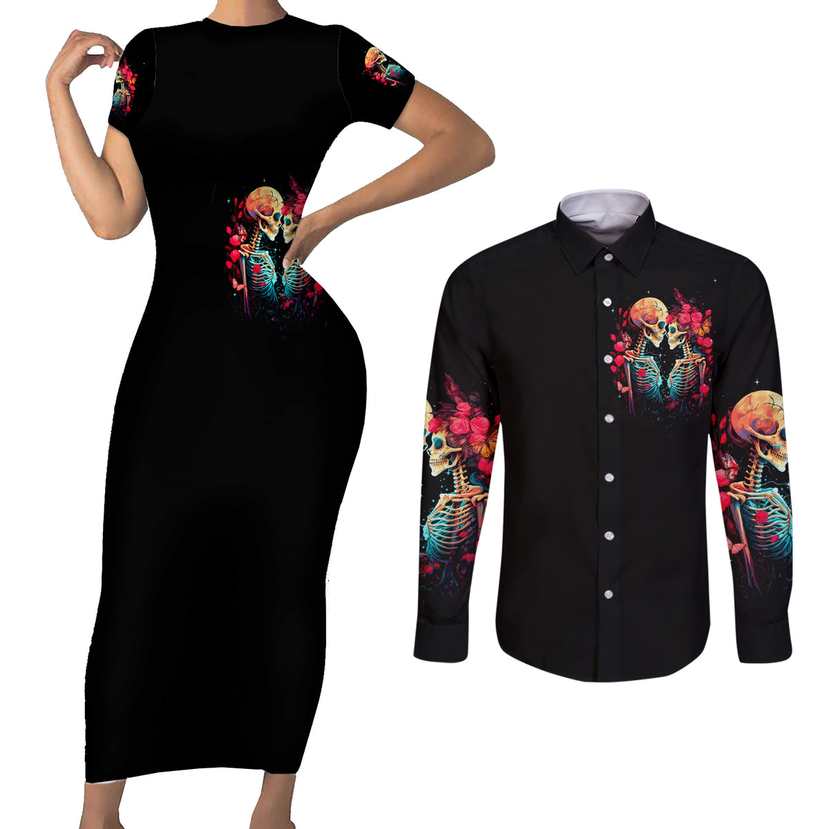 Couple Skull Couples Matching Short Sleeve Bodycon Dress and Long Sleeve Button Shirt I Don't Care If The Whole World Is Against Us - Wonder Print Shop