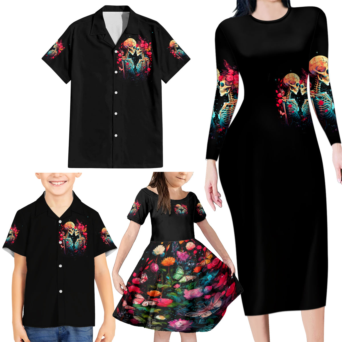 Couple Skull Family Matching Long Sleeve Bodycon Dress and Hawaiian Shirt I Don't Care If The Whole World Is Against Us - Wonder Print Shop