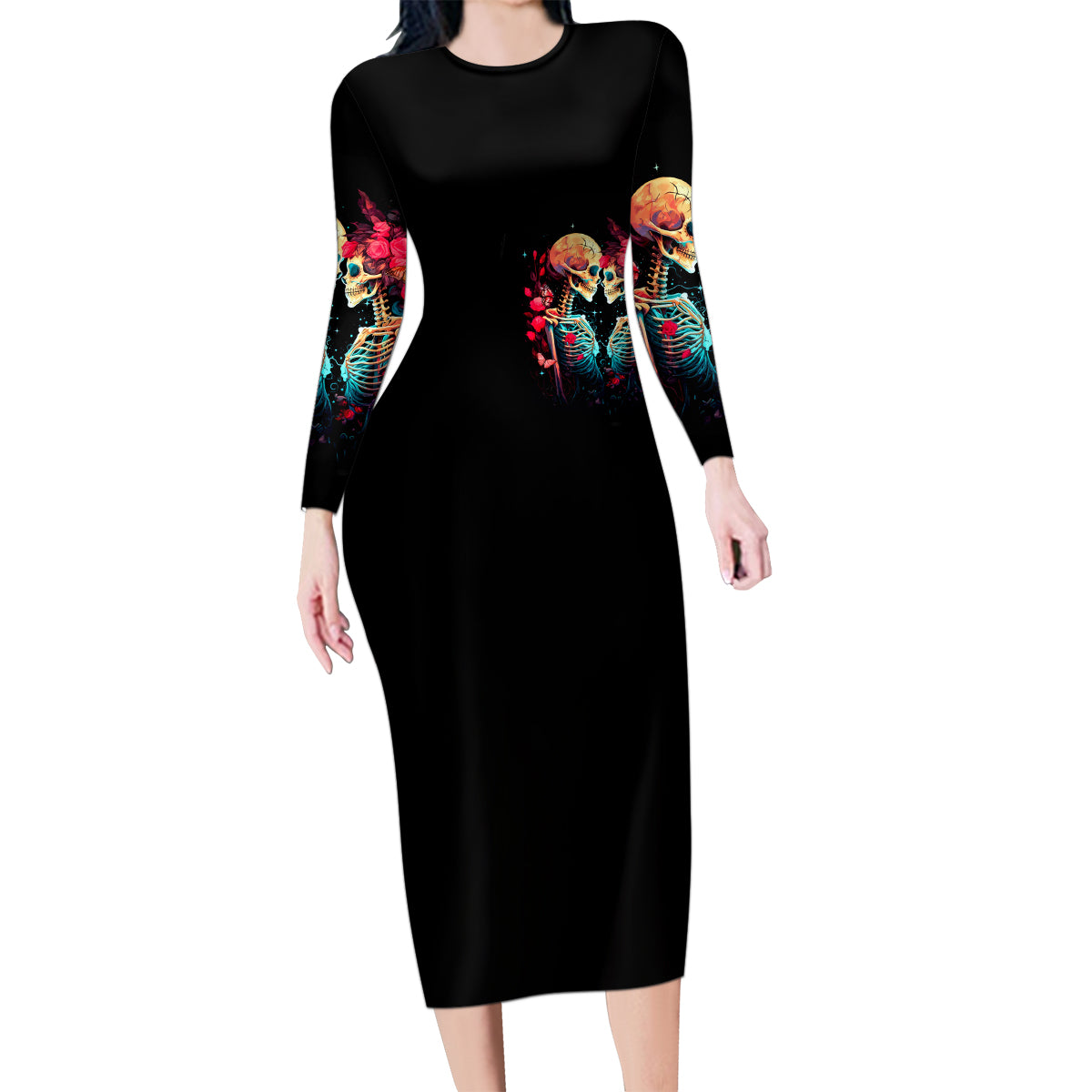 Couple Skull Family Matching Long Sleeve Bodycon Dress and Hawaiian Shirt I Don't Care If The Whole World Is Against Us - Wonder Print Shop