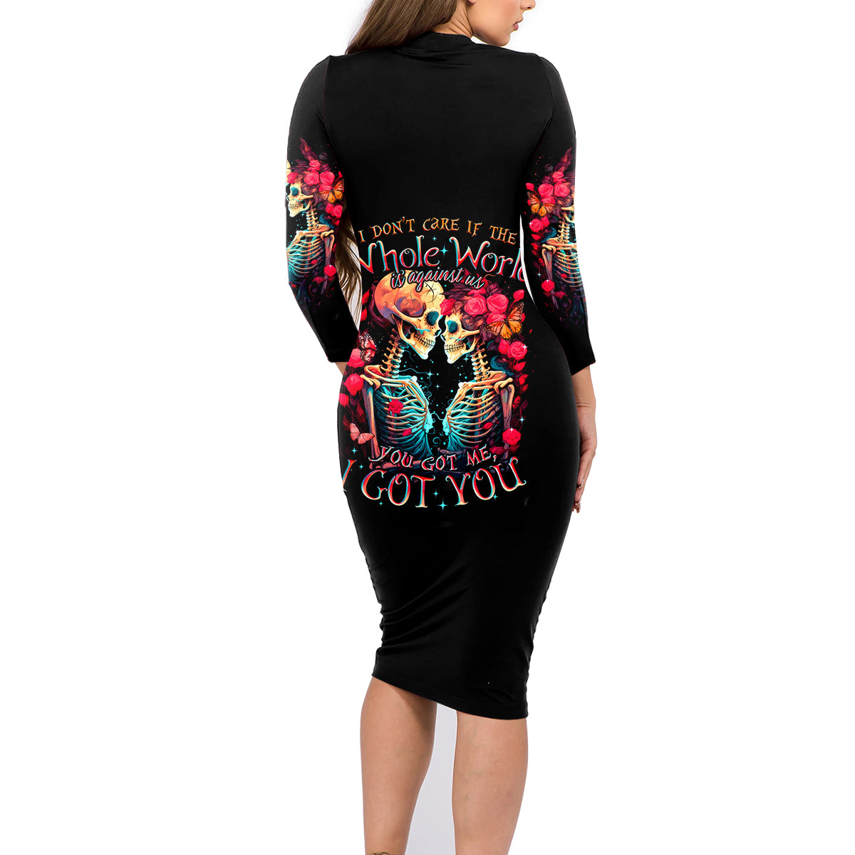 Couple Skull Family Matching Long Sleeve Bodycon Dress and Hawaiian Shirt I Don't Care If The Whole World Is Against Us - Wonder Print Shop
