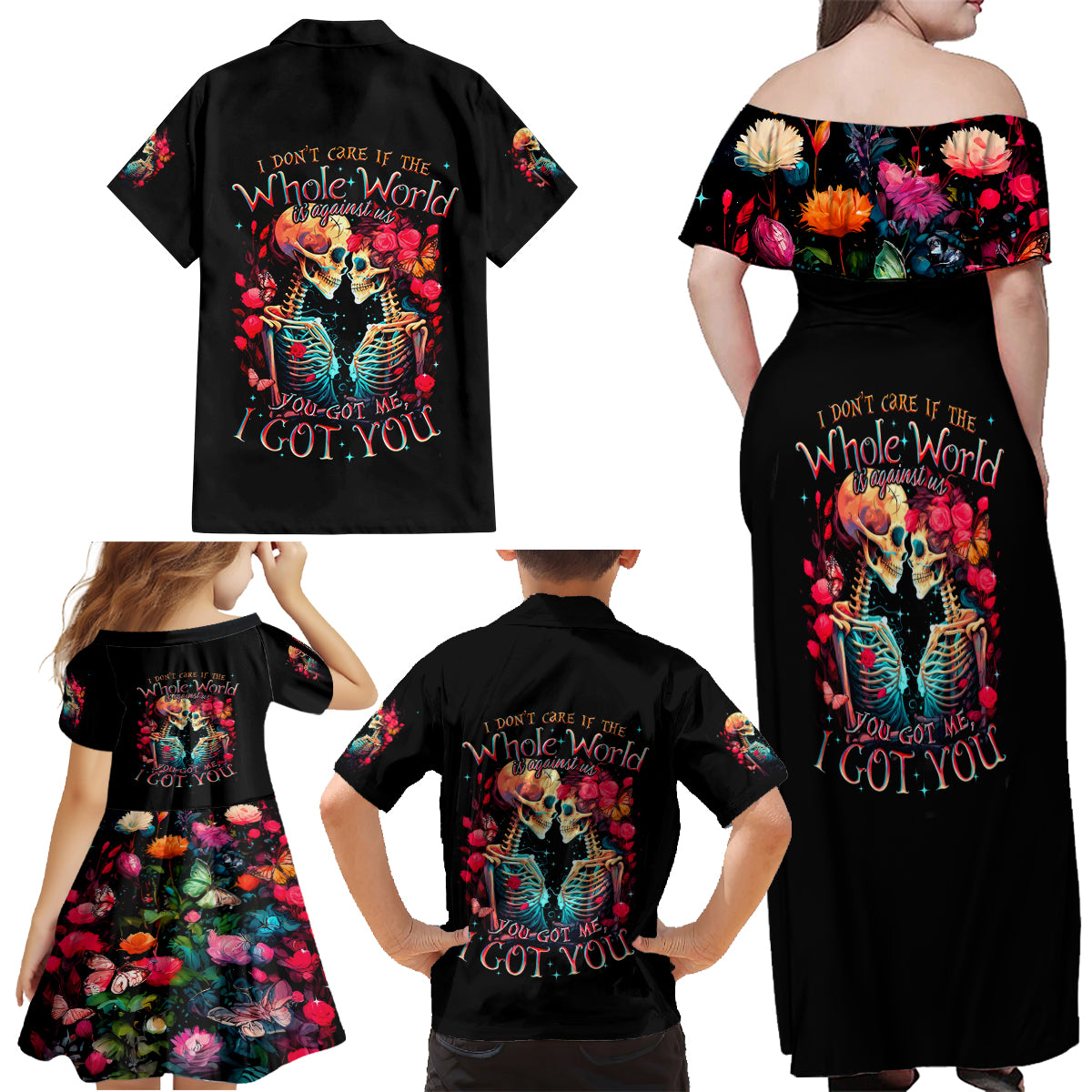 Couple Skull Family Matching Off Shoulder Maxi Dress and Hawaiian Shirt I Don't Care If The Whole World Is Against Us - Wonder Print Shop
