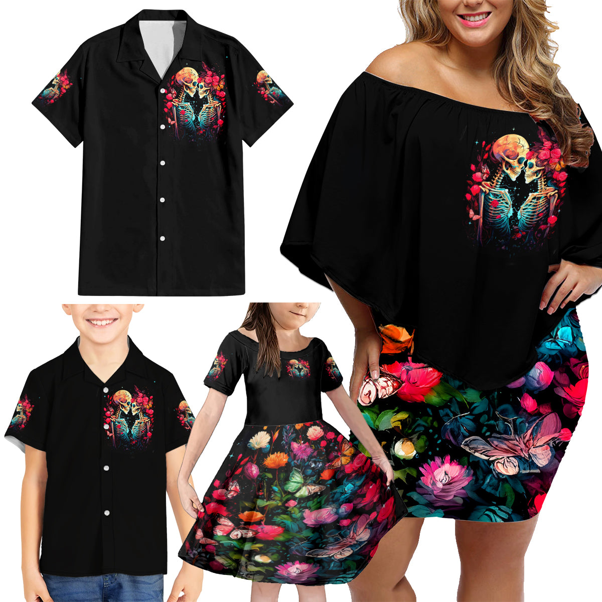 Couple Skull Family Matching Off Shoulder Short Dress and Hawaiian Shirt I Don't Care If The Whole World Is Against Us - Wonder Print Shop