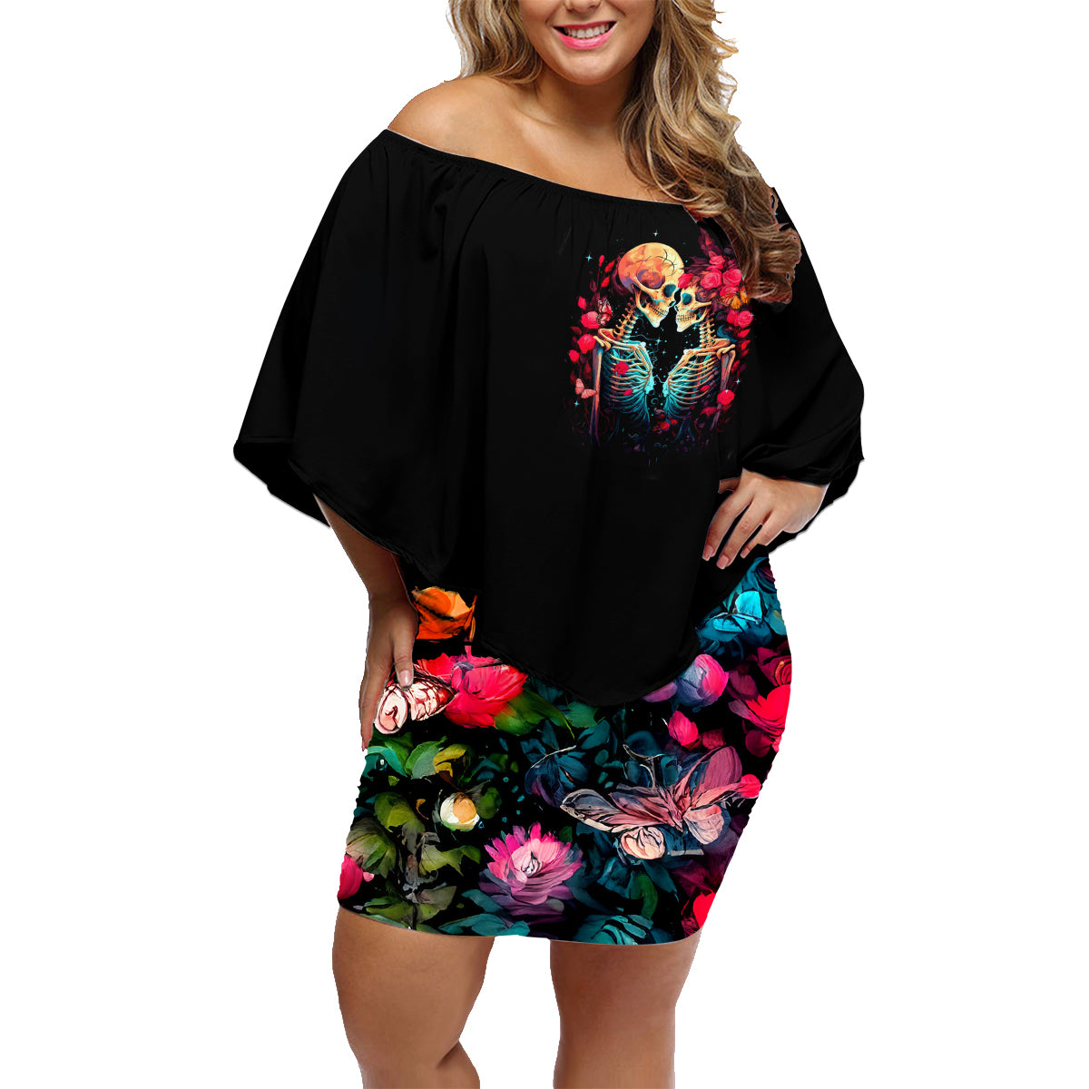 Couple Skull Family Matching Off Shoulder Short Dress and Hawaiian Shirt I Don't Care If The Whole World Is Against Us - Wonder Print Shop